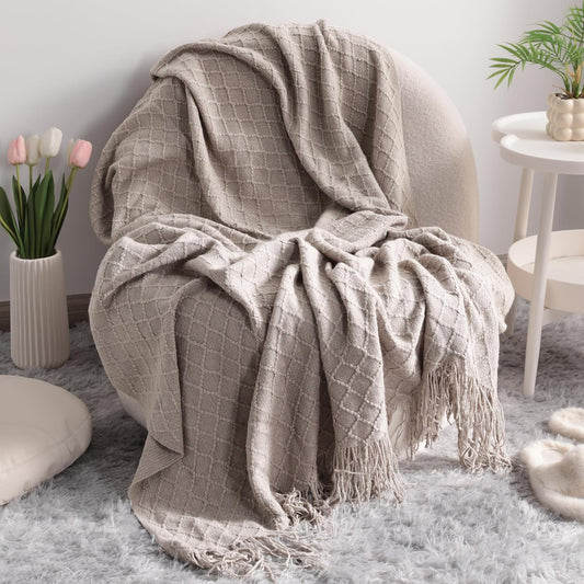 Acrylic Knitted Throw Blanket, Lightweight and Soft Cozy Decorative Woven Blanket with Tassels for Travel, Couch, Bed, Sofa, 51 X 67 Inches, Taupe Checkered