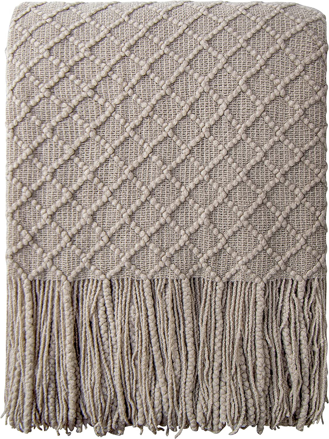 Acrylic Knitted Throw Blanket, Lightweight and Soft Cozy Decorative Woven Blanket with Tassels for Travel, Couch, Bed, Sofa, 51 X 67 Inches, Taupe Checkered
